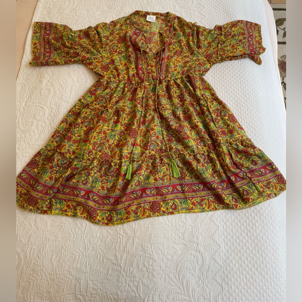 Indian Block Print Mini Dress Bohemian Beach Cover Up EUC Medium